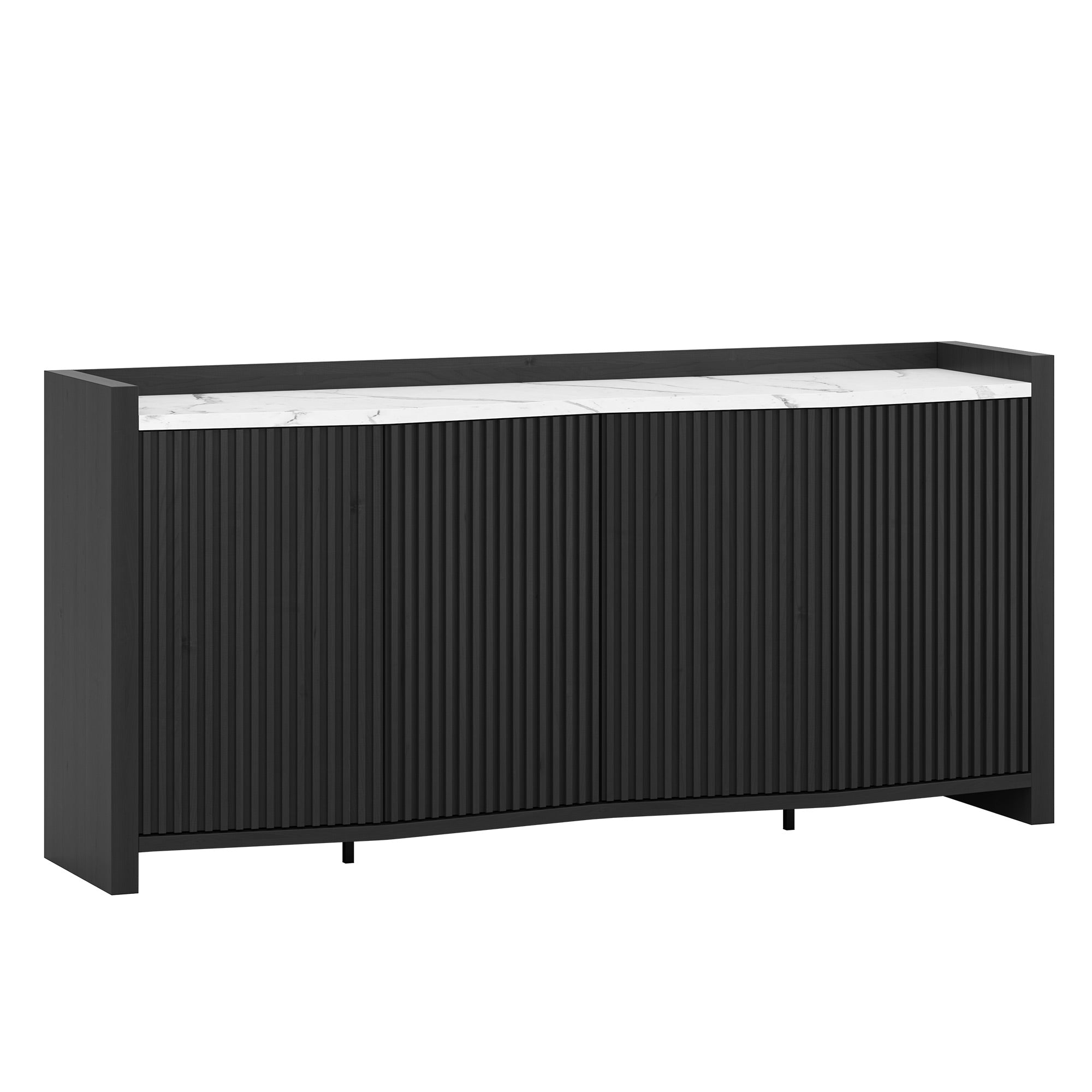 66" Fluted Black Buffet Cabinet with Marble Panel & Adjustable Shelves