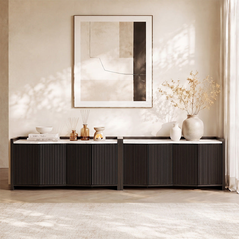 66" Faux Marble Top Black Fluted Sideboard (Set of 2)