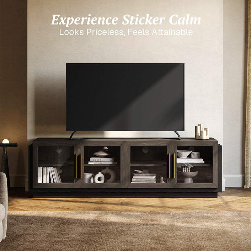 Modern Long TV Stand with Glass Doors for 75 inch TVs