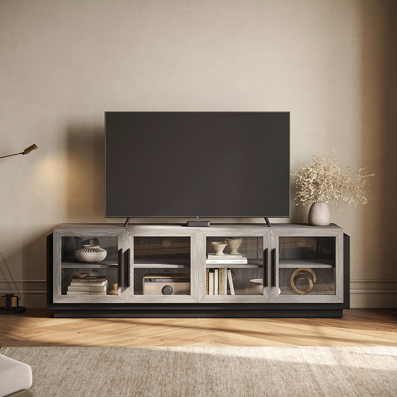 Modern Long TV Stand with Glass Doors for 75 inch TVs