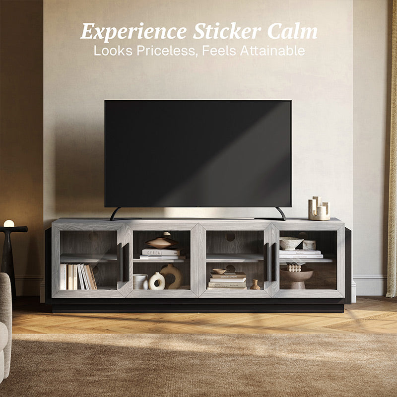Modern Long TV Stand with Glass Doors for 75 inch TVs