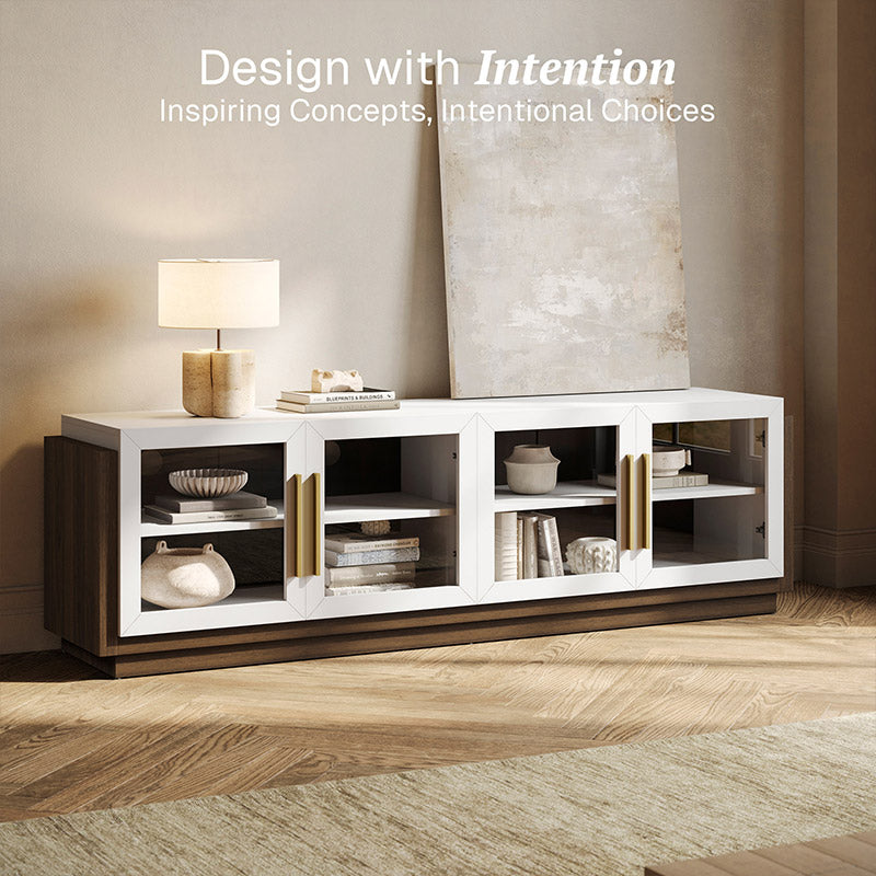Modern Long TV Stand with Glass Doors for 75 inch TVs