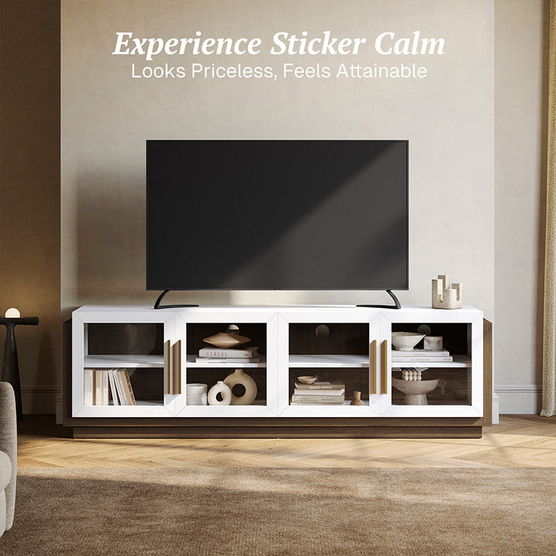 Modern Long TV Stand with Glass Doors for 75 inch TVs