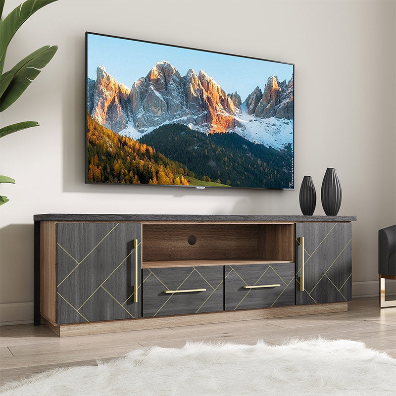 Belleze 70 inch Modern TV Stand with Gold Trim Elegant Entertainment Center with Storage Media Console Table with Drawers Open Shelves for