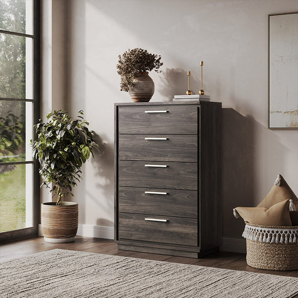 Belleze 5 Drawer Dresser for Bedroom and Closet,31.5 inch Mid-Century Modern Wood Storage Chest of Drawers with Rose Gold Handles,Tall Organizer