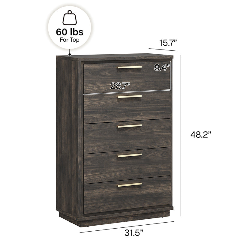 BELLEZE New Port 31.5" 5-Drawer Chest, Rose Gold Handles, Tall Cabinet