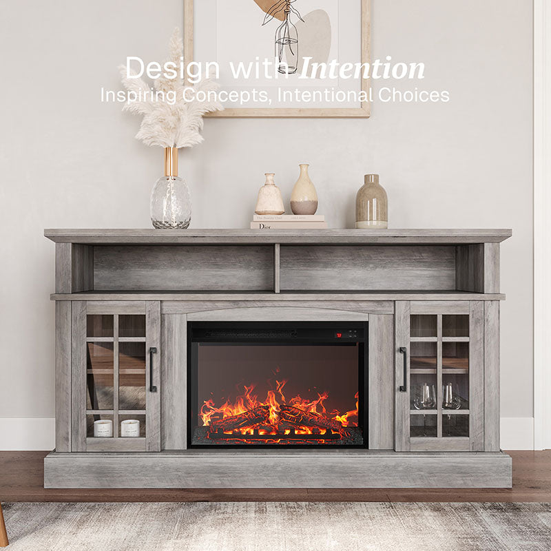 Tall Modern Farmhouse TV Stand with Fireplace for 65 Inch TVs