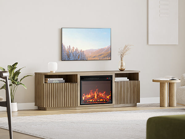 MCM Fireplace TV Stand with Fluted Doors for 75 inch TVs
