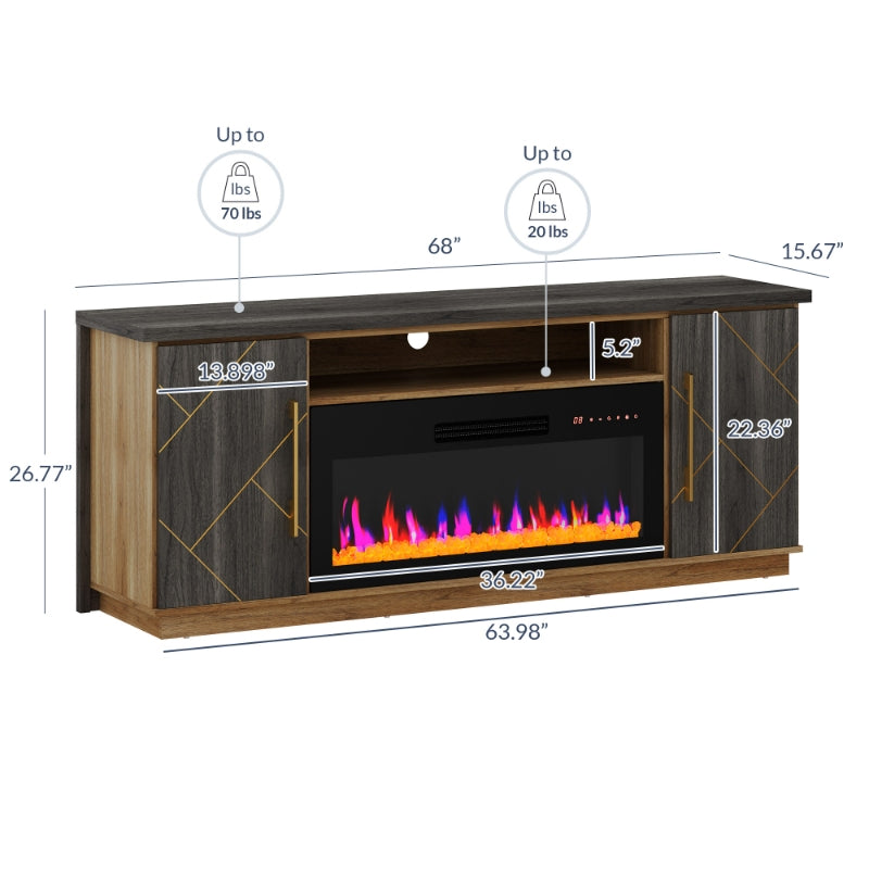 Electric Fireplace TV Stand for 68 Inch, With Storage, Media Console With Drawers & Open Shelves