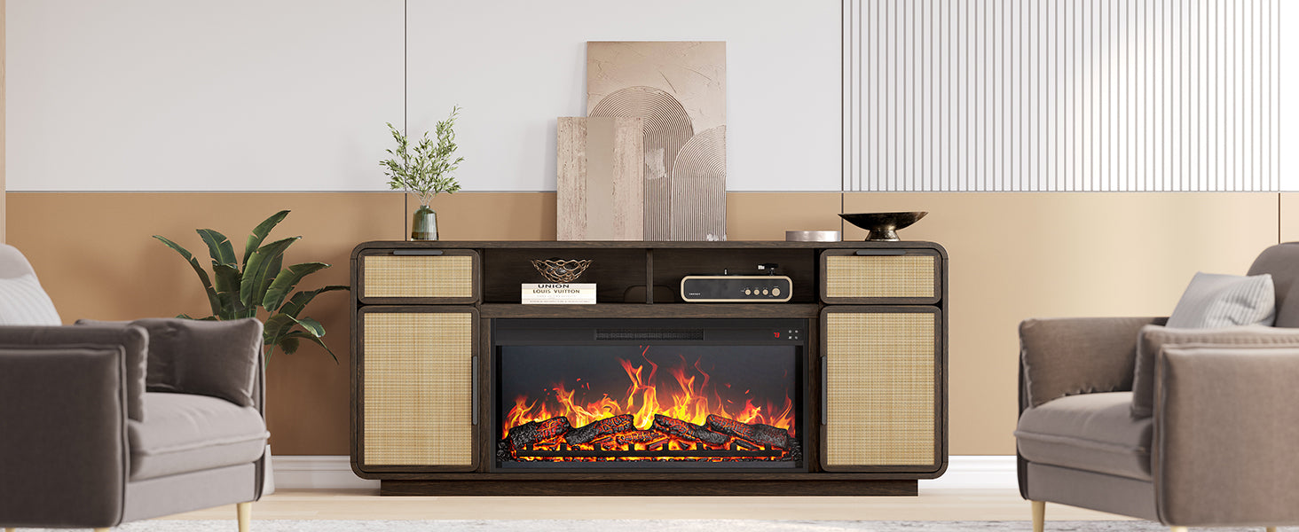 MCM Fireplace TV Stand with Rattan Doors and Drawers for 75 inch TVs
