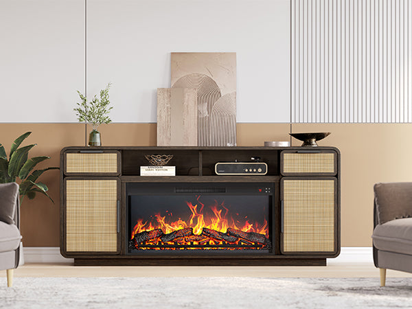 MCM Fireplace TV Stand with Rattan Doors and Drawers for 75 inch TVs