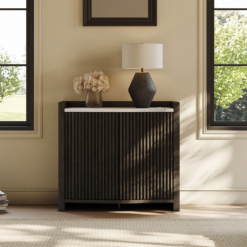 35" Fluted Black Modular Sideboard with Doors & Faux Marble Panel