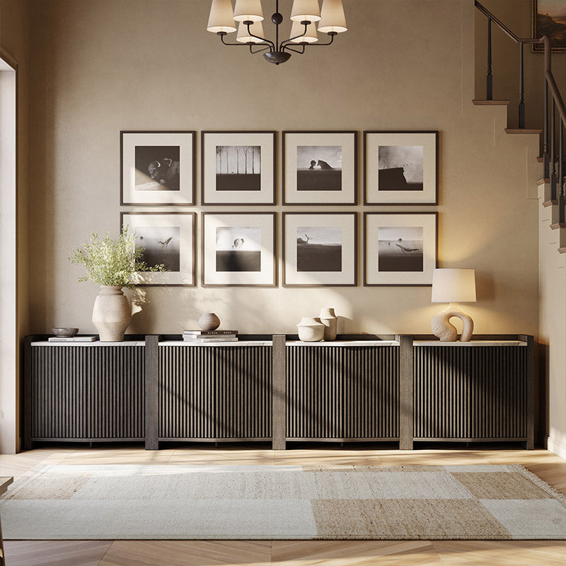 Belleze Set of 4 35" Black Fluted Modular Sideboards with Faux Marble Top