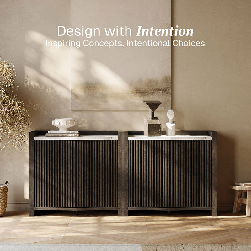 35" Fluted Black Modular Sideboard with Doors & Faux Marble Panel