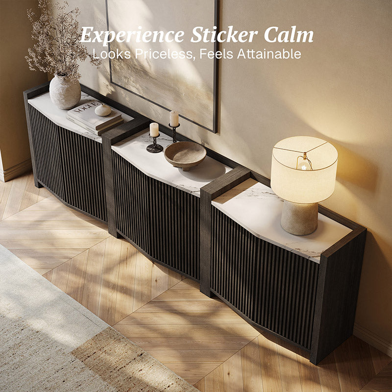 35" Fluted Black Modular Sideboard with Doors & Faux Marble Panel