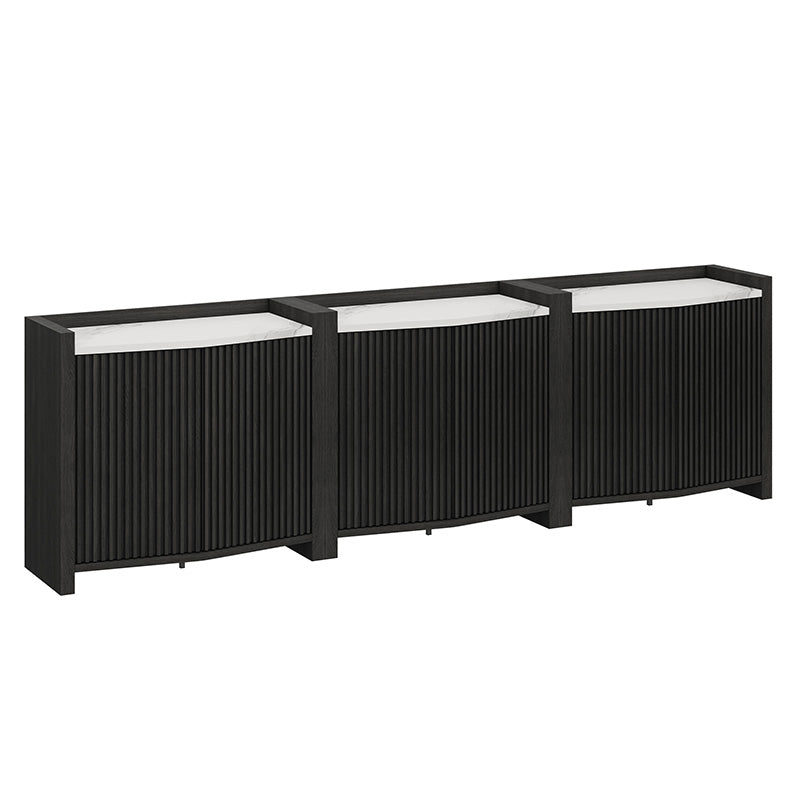 Belleze Set of 3 35" Black Fluted Modular Sideboards with Faux Marble Top