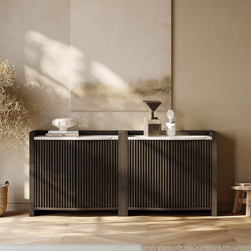 Belleze Set of 2 35" Black Fluted Modular Sideboards with Faux Marble Top