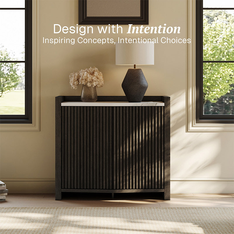 Belleze Set of 2 35" Black Fluted Modular Sideboards with Faux Marble Top