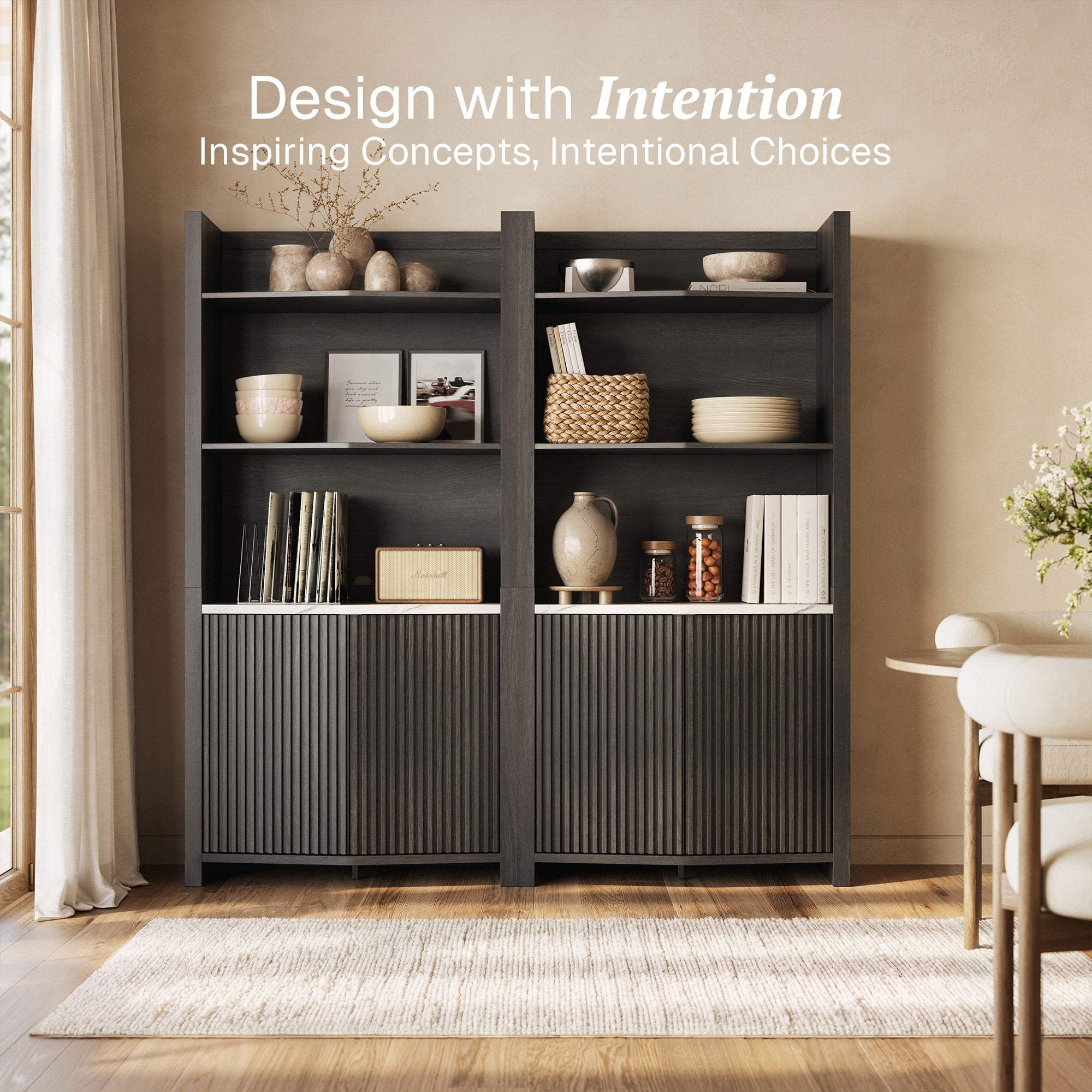 Delphi 71" Tall Black Fluted Bookcase (Set of 2)