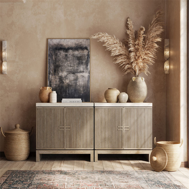 Anton 32" Fluted Buffet Cabinet with Travertine Top (Set of 2)