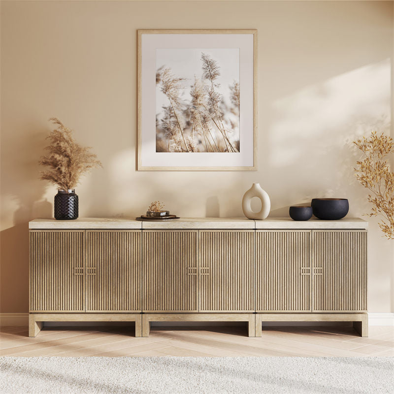Anton 32" Fluted Buffet Cabinet with Travertine Top (Set of 3)
