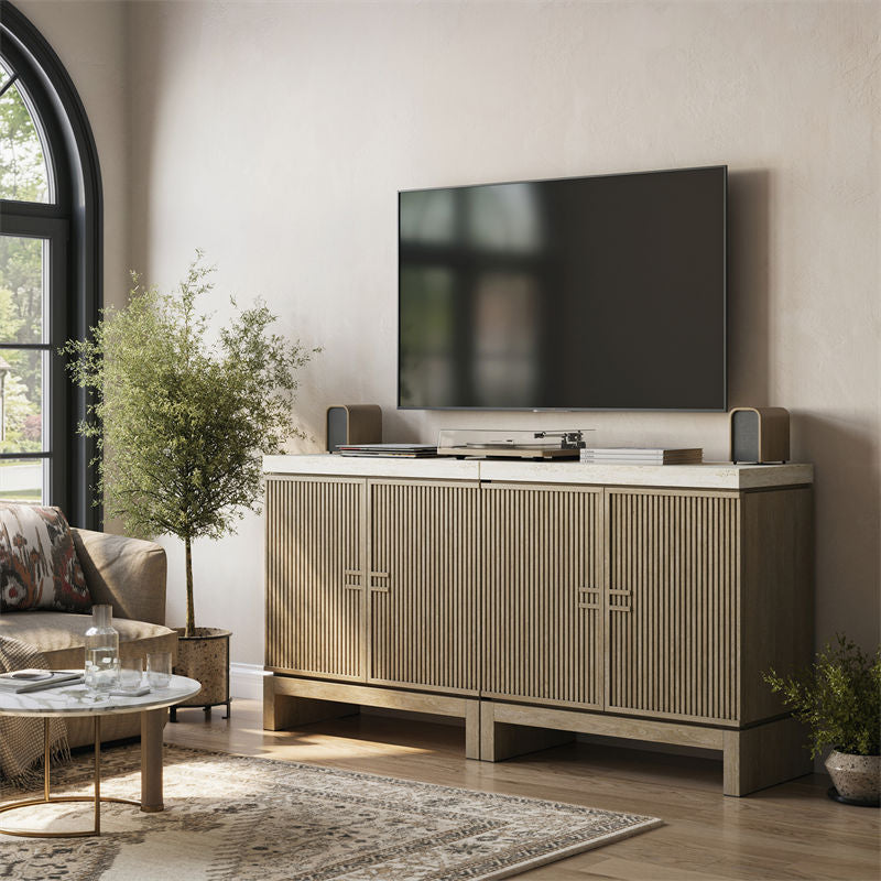 Anton 32" Fluted Buffet Cabinets with Travertine Top (Set of 2)