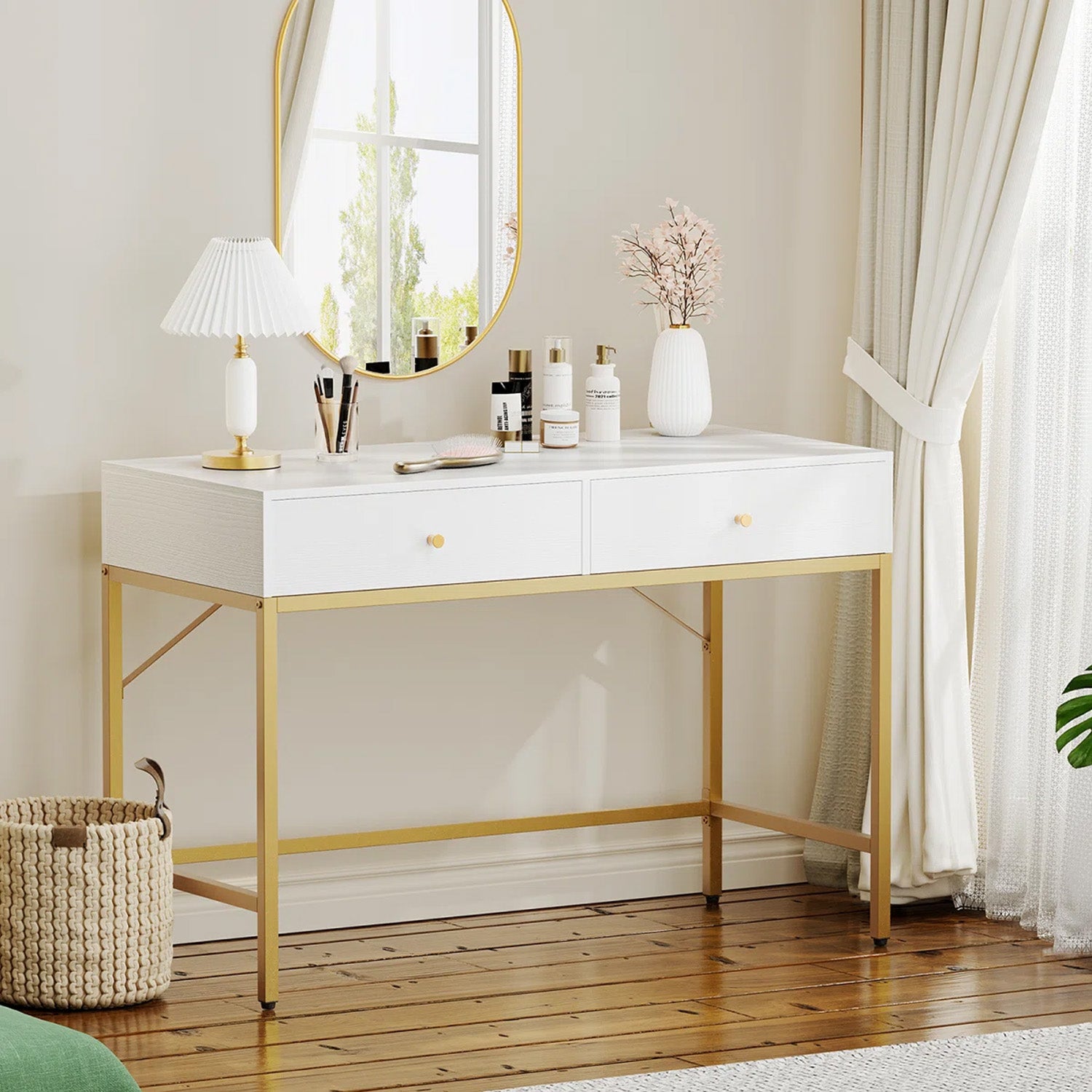 A modernized white table with two drawers and mirror
