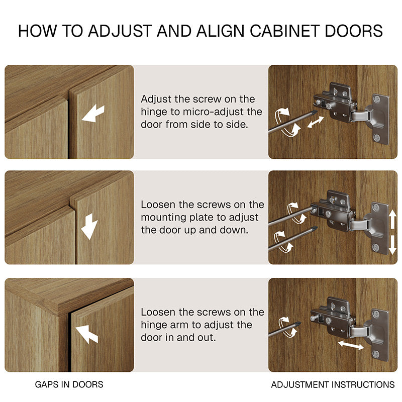 Step-by-step guide on how to adjust and align cabinet doors with visual instructions.