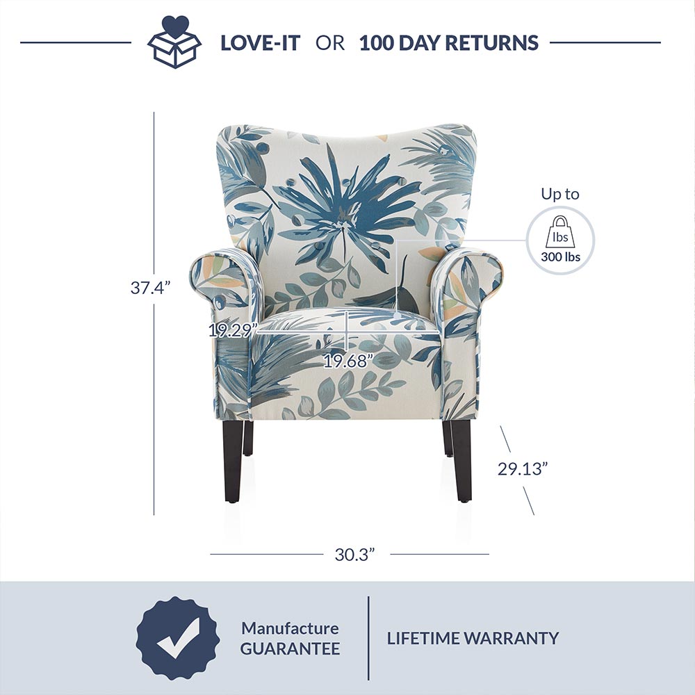 Allston Armchair Floral Design Padded Armrests Dark Wood Legs