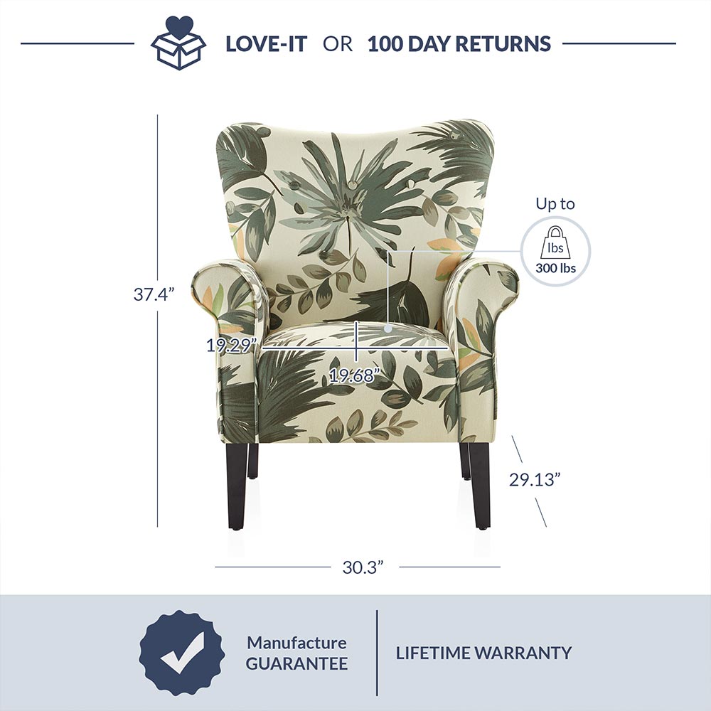 Allston Armchair Floral Design Padded Armrests Dark Wood Legs