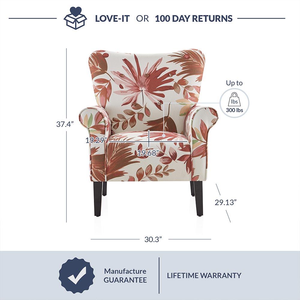 Allston Armchair Floral Design Padded Armrests Dark Wood Legs