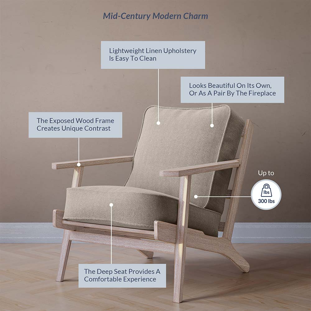 Maximus Wooden Mid-Century Modern Linen Armchair