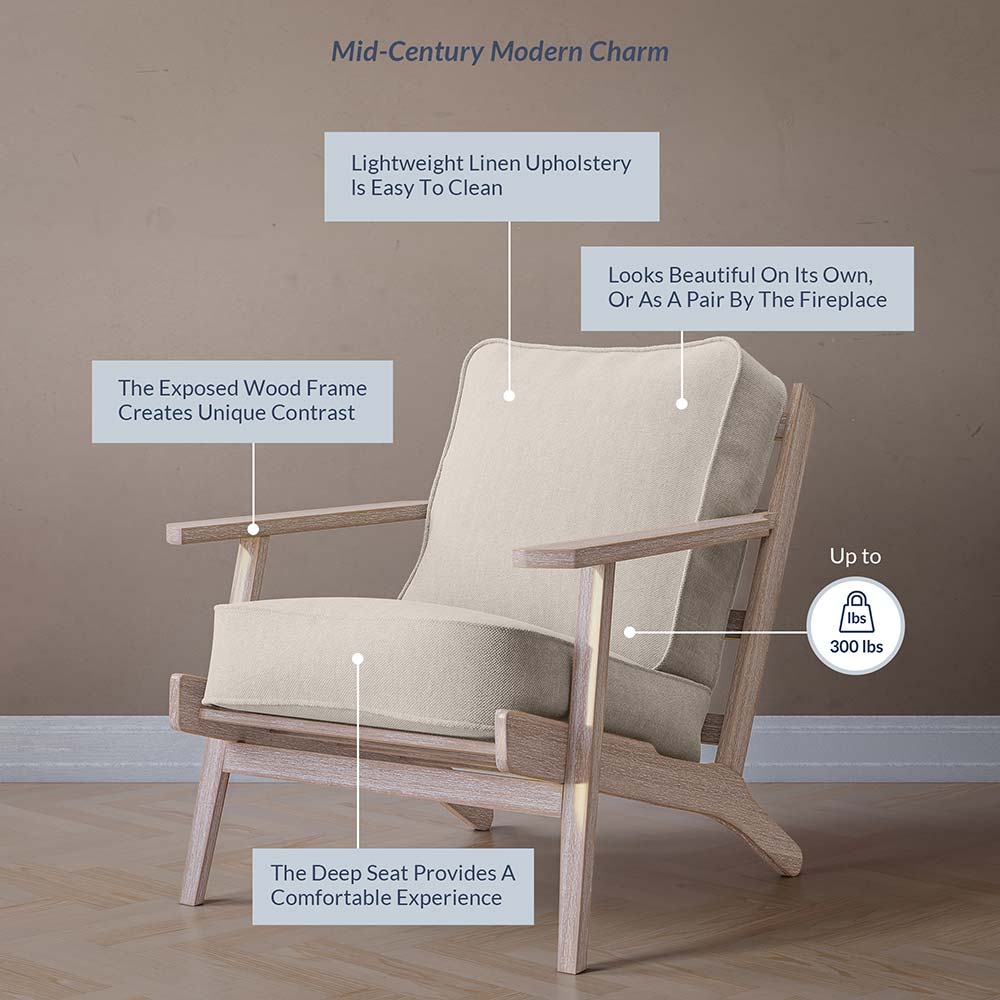 Maximus Wooden Mid-Century Modern Linen Armchair