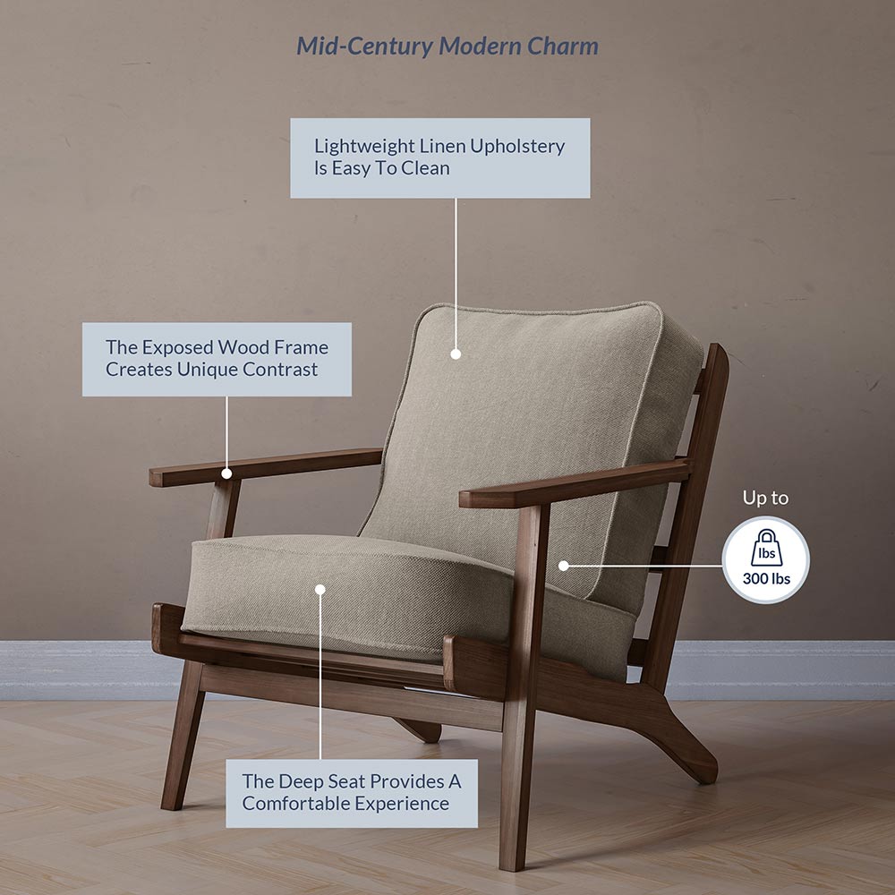 Maximus Wooden Mid-Century Modern Linen Armchair