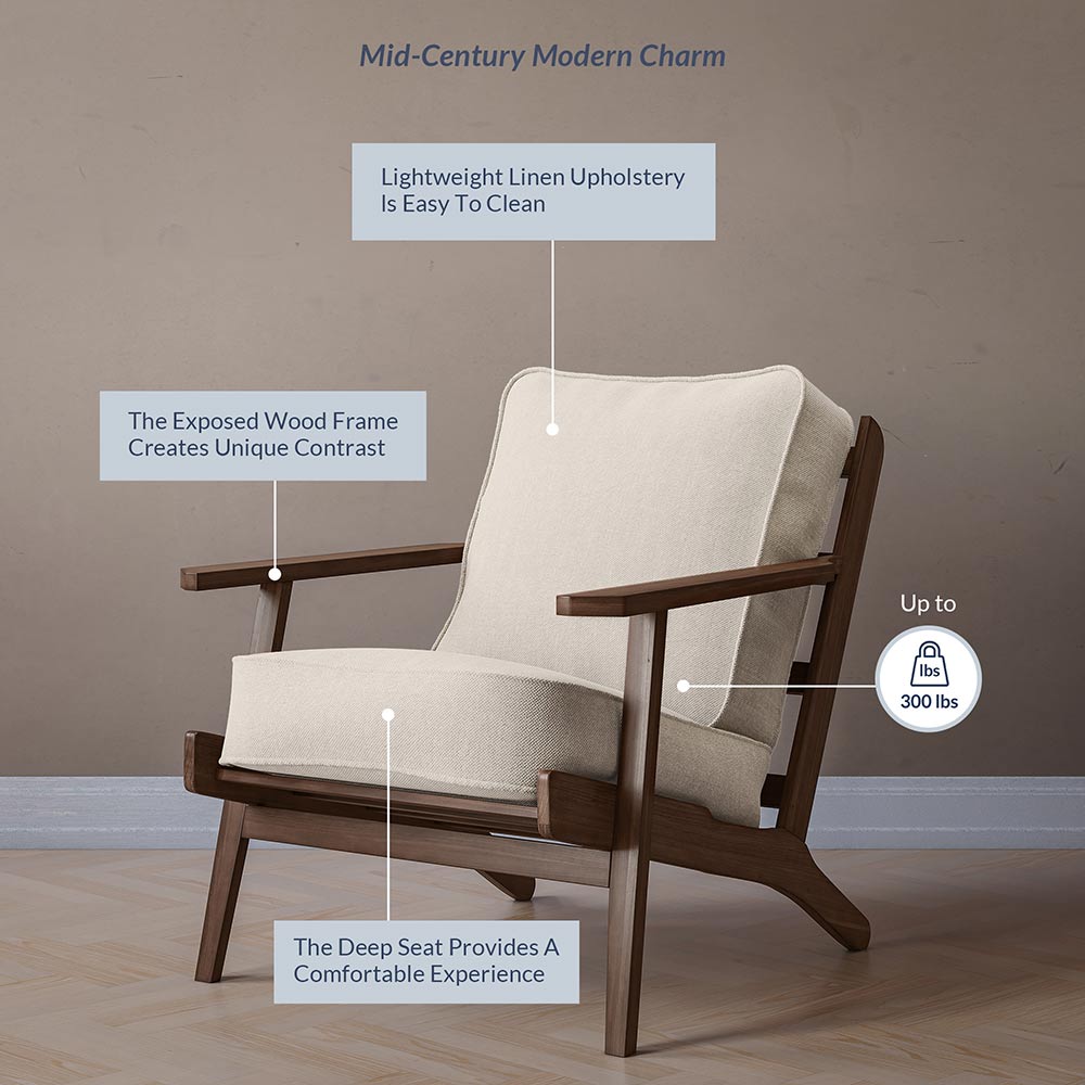 Maximus Wooden Mid-Century Modern Linen Armchair