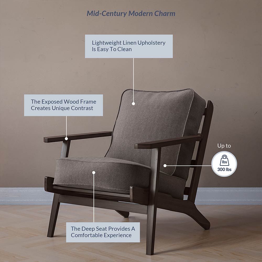 Maximus Wooden Mid-Century Modern Linen Armchair