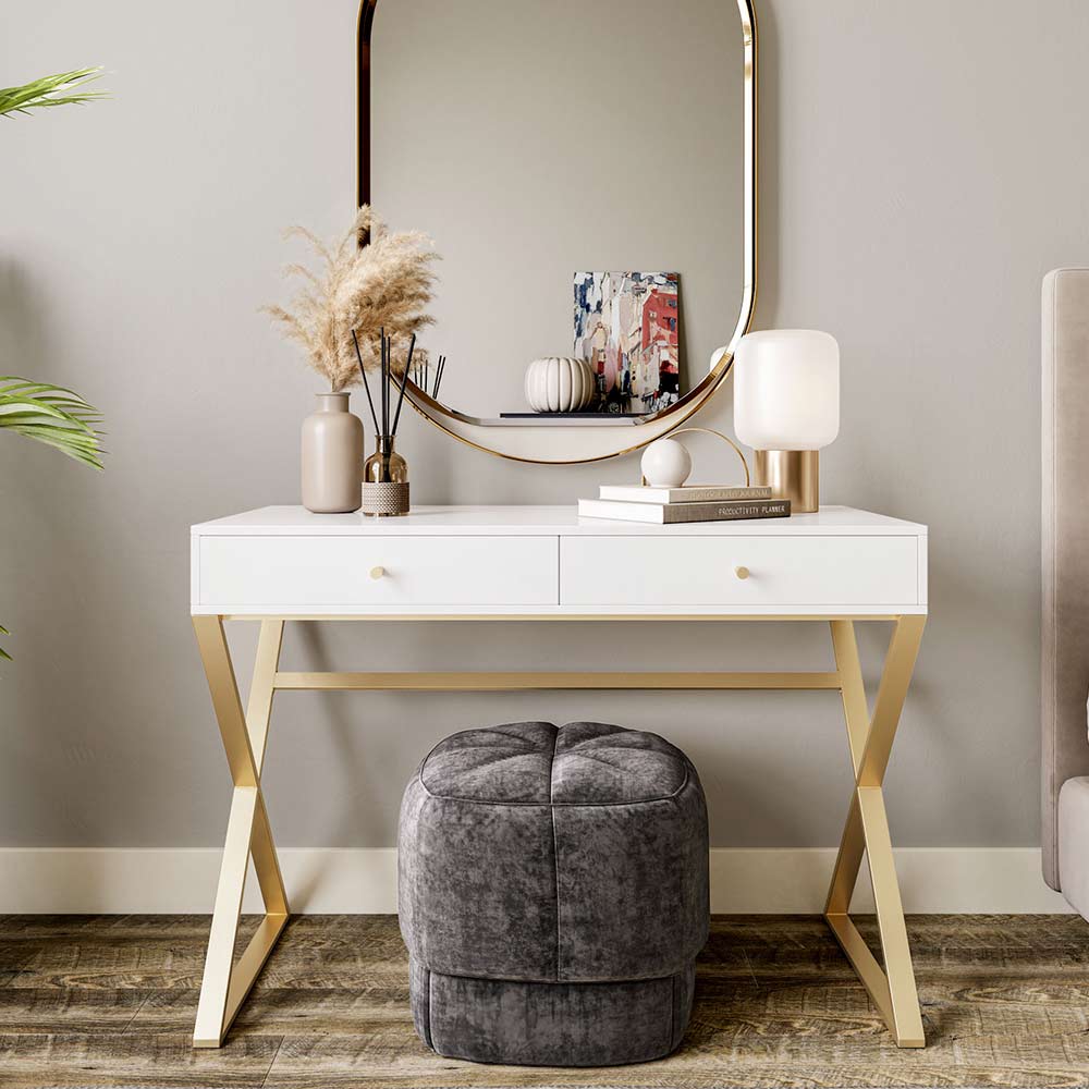 42 Inch Home Office Writing Desk w/ Gold Metal Frame | Belleze