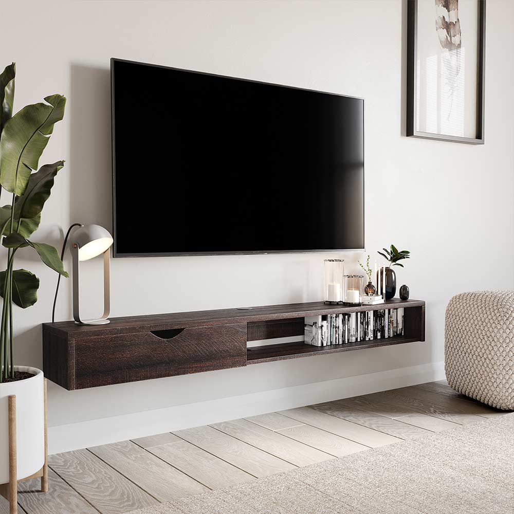 Belleze Modern Floating Wall Mounted 60 inch TV Console with Built in Shelf Drawer Space Saving Decorative Contemporary Media Storage for Up to 10
