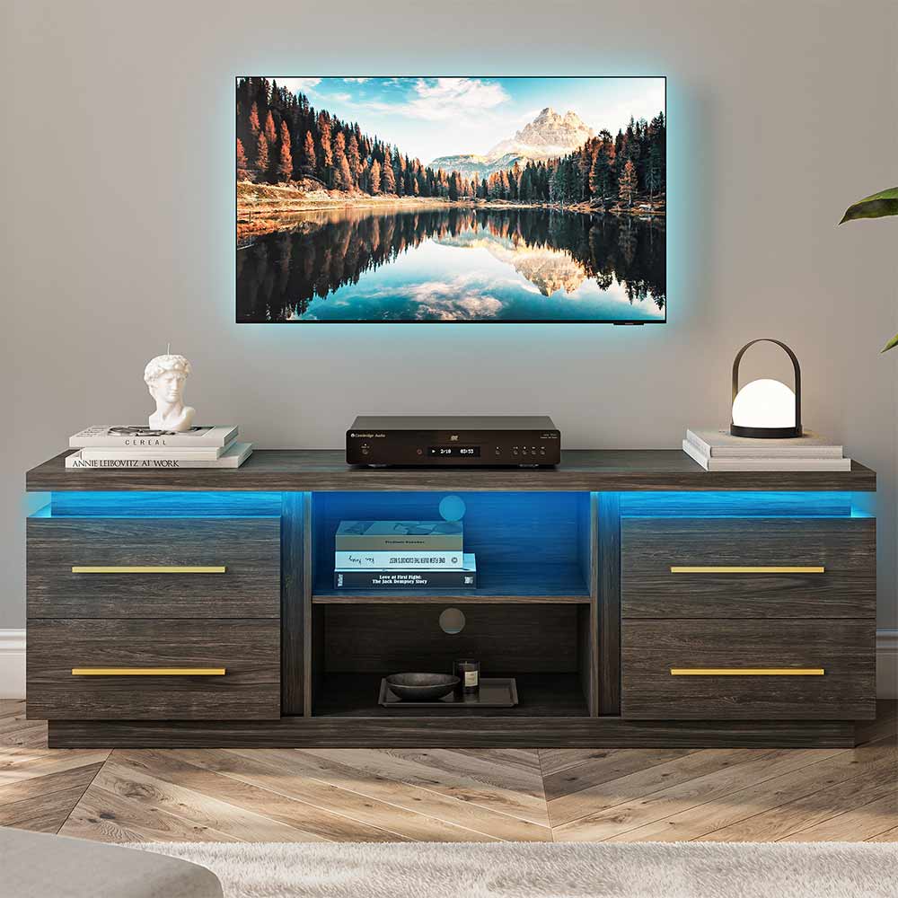 Brown Modern TV Stand with LED Lights & Drawers for 75 inch TVs
