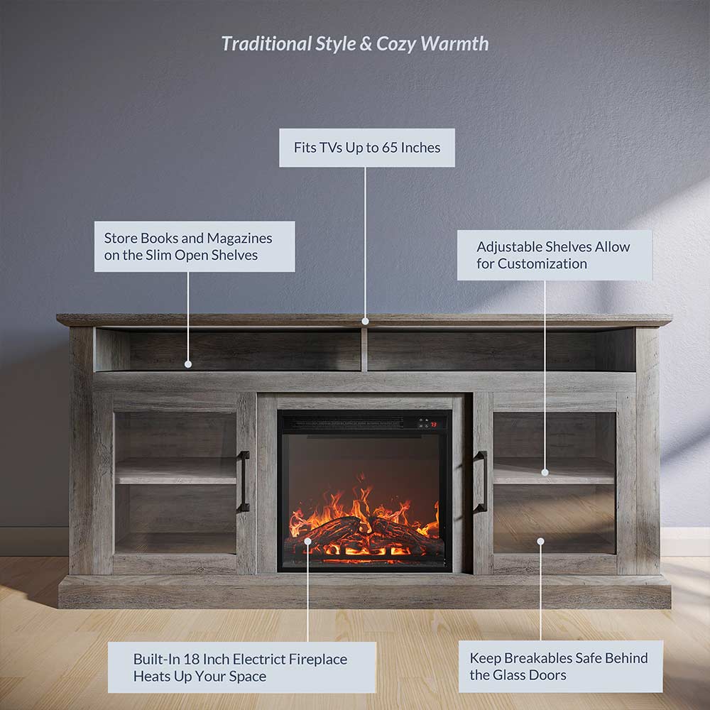 Cayman Farmhouse Fireplace TV Stand for TVs up to 65″