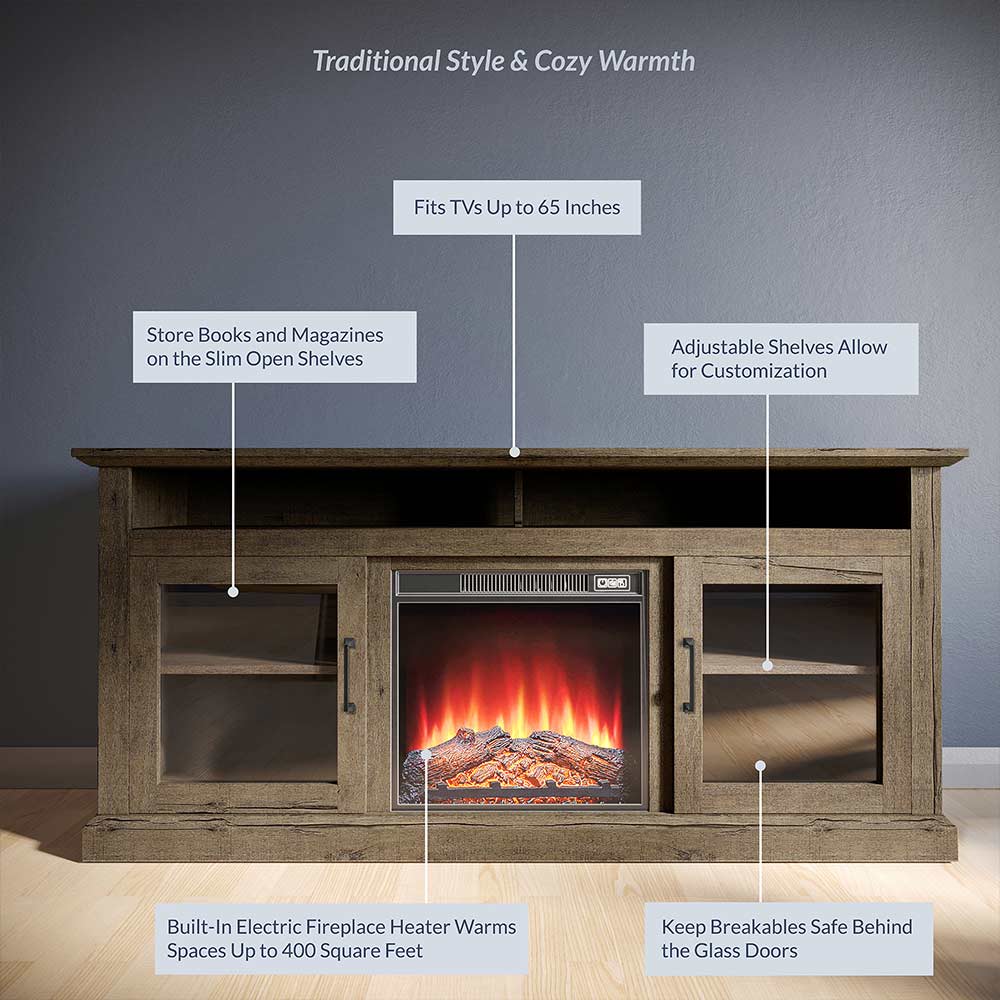 Cayman Farmhouse Fireplace TV Stand for TVs up to 65″