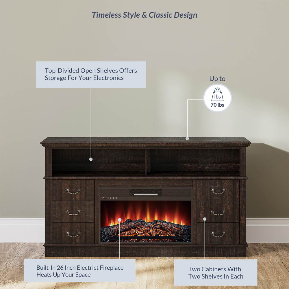 Stoneford Farmhouse TV Stand with Fireplace for 65+ Inch TV