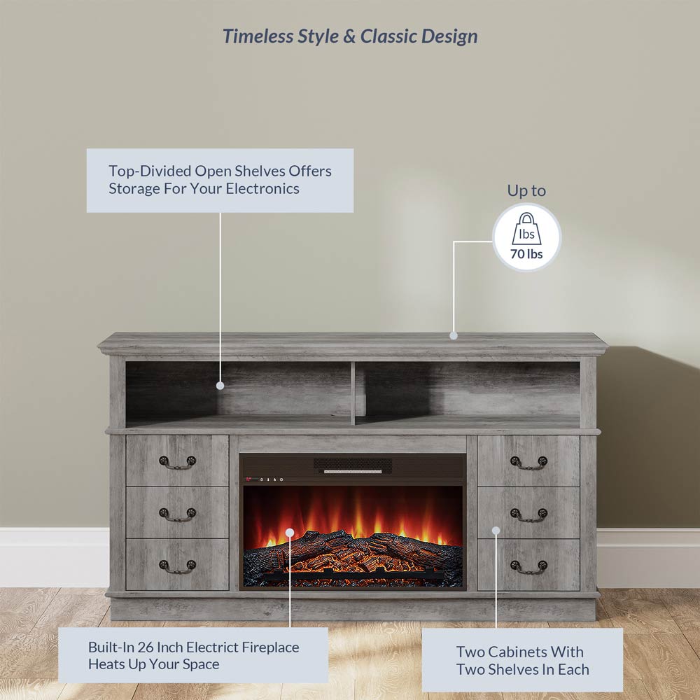 Stoneford Farmhouse TV Stand with Fireplace for 65+ Inch TV