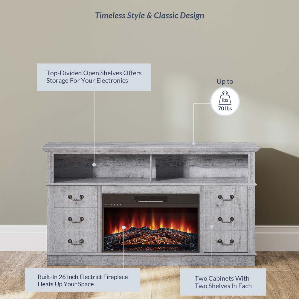 Stoneford Farmhouse TV Stand with Fireplace for 65+ Inch TV