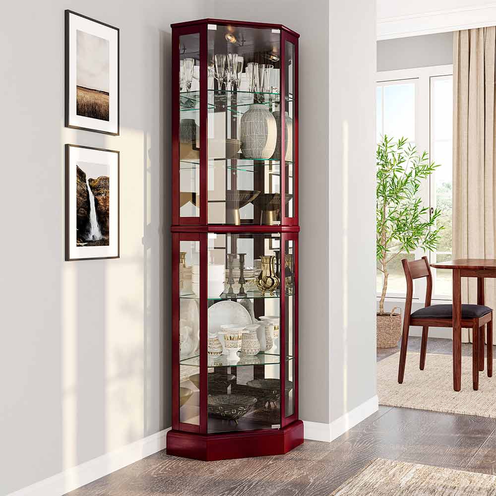 72" Tall Glass Doors Lighted Corner Curio Cabinet
